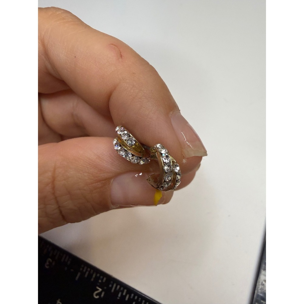 Gold Tone Clear Rhinestone Double Row Huggie Hoop Earrings Post Back